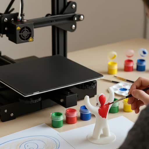 Figurine imprimée en 3D en cours de peinture, symbolisant la concrétisation et l'évolution personnelle par l'art-thérapie