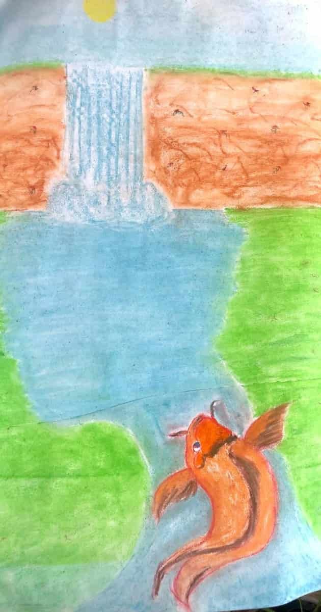 Dessin au pastel sec représentant un poisson dans un étang, symbolisant l'exploration de l'inconscient et le calme intérieur